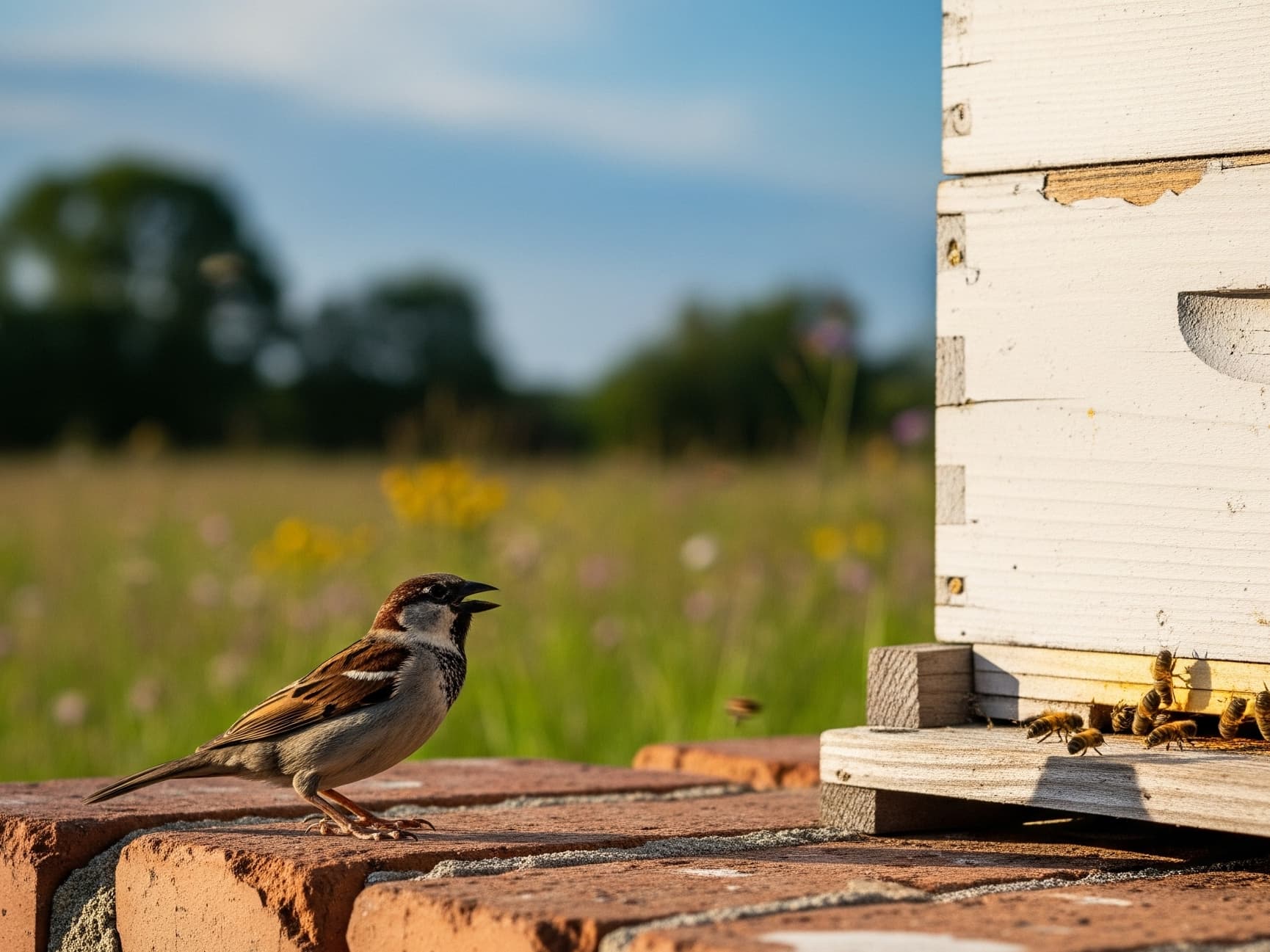 zdjęcie wróbla na cegłach